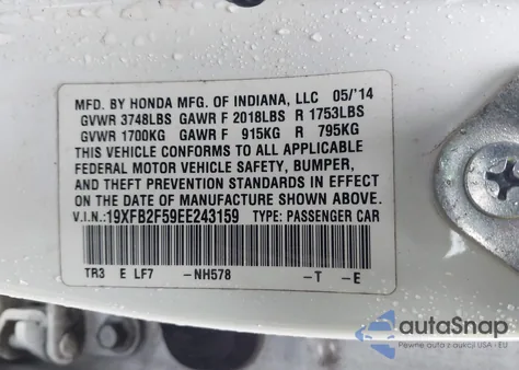 2014 Honda Civic Lx from USA, damaged, VIN 19XFB2F59EE243159